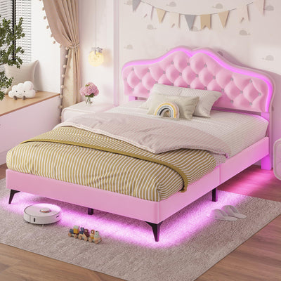 ADORNEVE Full Size Upholstered LED Bed Frame, Girls Bed with Adjustable Crystal Button Headboard, Velvet Princess Platform Bed for Girls, Solid Wooden Slats, Easy Assembly, Pink