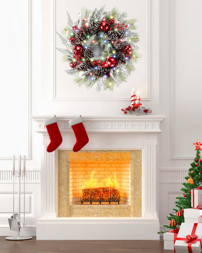 DDHS Christmas Wreaths for Front Door,24 Inch Pre-Lit Winter Wreath with Big Bells, Pine Cones, Red Berries 60 LED Lights, for Party Table Fireplaces Porch Walls New Years Christmas Home Decor-Snow