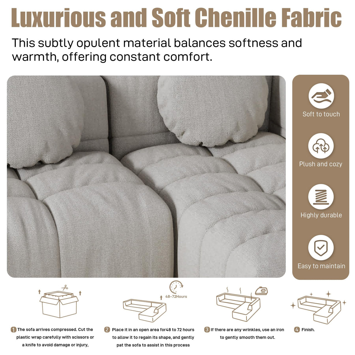 103" Cloud Couch Modular Sectional Sofa, Comfy Chenille Oversized Sectional Sofa with Deep Seat, Upholstered Tufted L Shaped Boneless Couches for Living Room, Right Facing, Off White HYJT-H&K