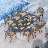Grepatio 9 Piece Cast Aluminum Patio Furniture Set Outdoor Dining Set Bistro Furniture Set with 8 Armchairs and Dining Table, 8 Cushions for Backyard Garden Poolside (Khaki) Grepatio