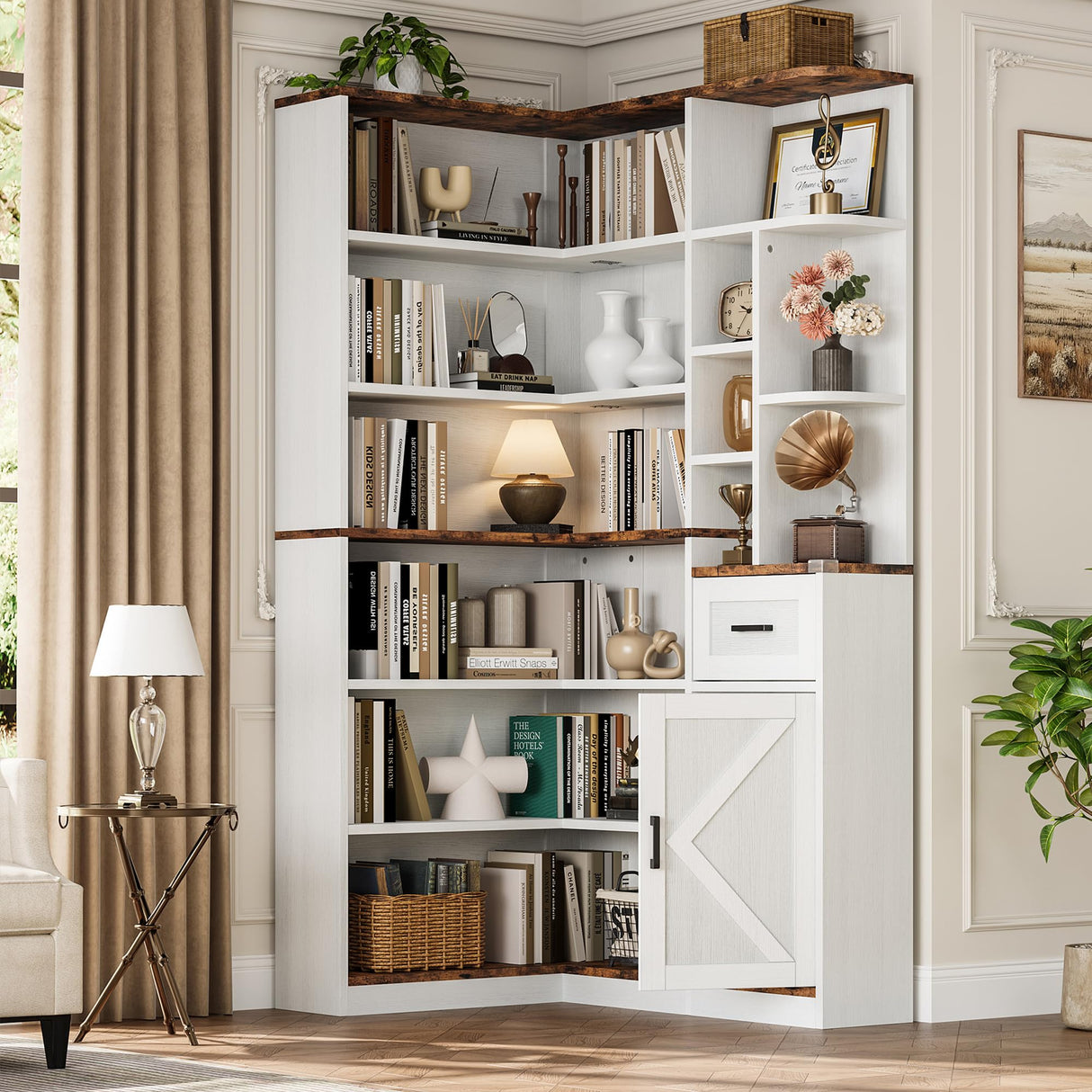 Garvee 74'' Tall Corner Bookshelf - 6-Tier Book Shelf with Drawer and Cabinets, l-Shaped Bookcase Open Storage Shelves Modern Display Shelf for Home, Office Garvee