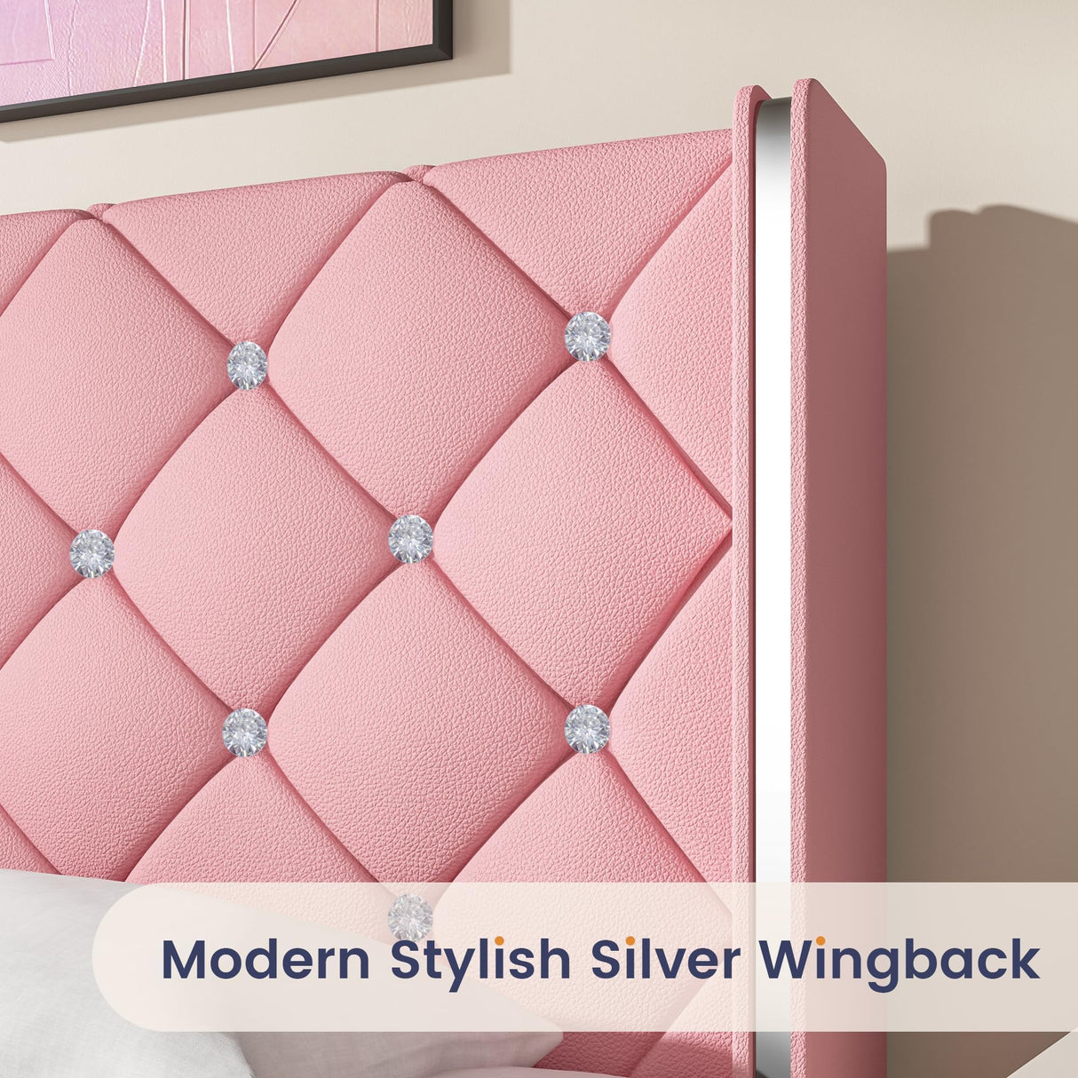 HOMBCK Twin Bed Frame, Upholstered Bed Frame with Diamond Tufted Headboard, Twin Bed Frames for Girls, Cute Princess Bed, Faux Leather, Wooden Slats Support, No Box Spring Needed, Pink HOMBCK