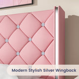HOMBCK Twin Bed Frame, Upholstered Bed Frame with Diamond Tufted Headboard, Twin Bed Frames for Girls, Cute Princess Bed, Faux Leather, Wooden Slats Support, No Box Spring Needed, Pink HOMBCK