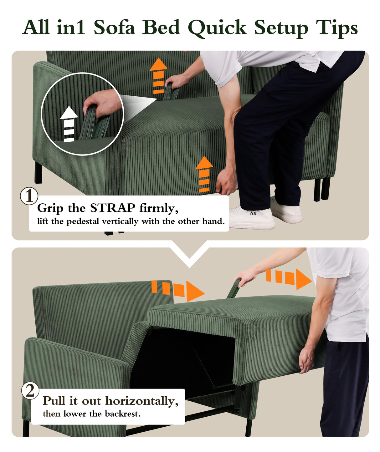 Corduroy Convertible Sofa Bed, 47" Loveseat Sleeper Sofa, Pull out Couch 618lb Capacity, Modern Sleeper Couch Bed 2 Fluffy Pillow Include, Small Couches for Small Spaces/Apartment/Office, Forest Green Domusensus