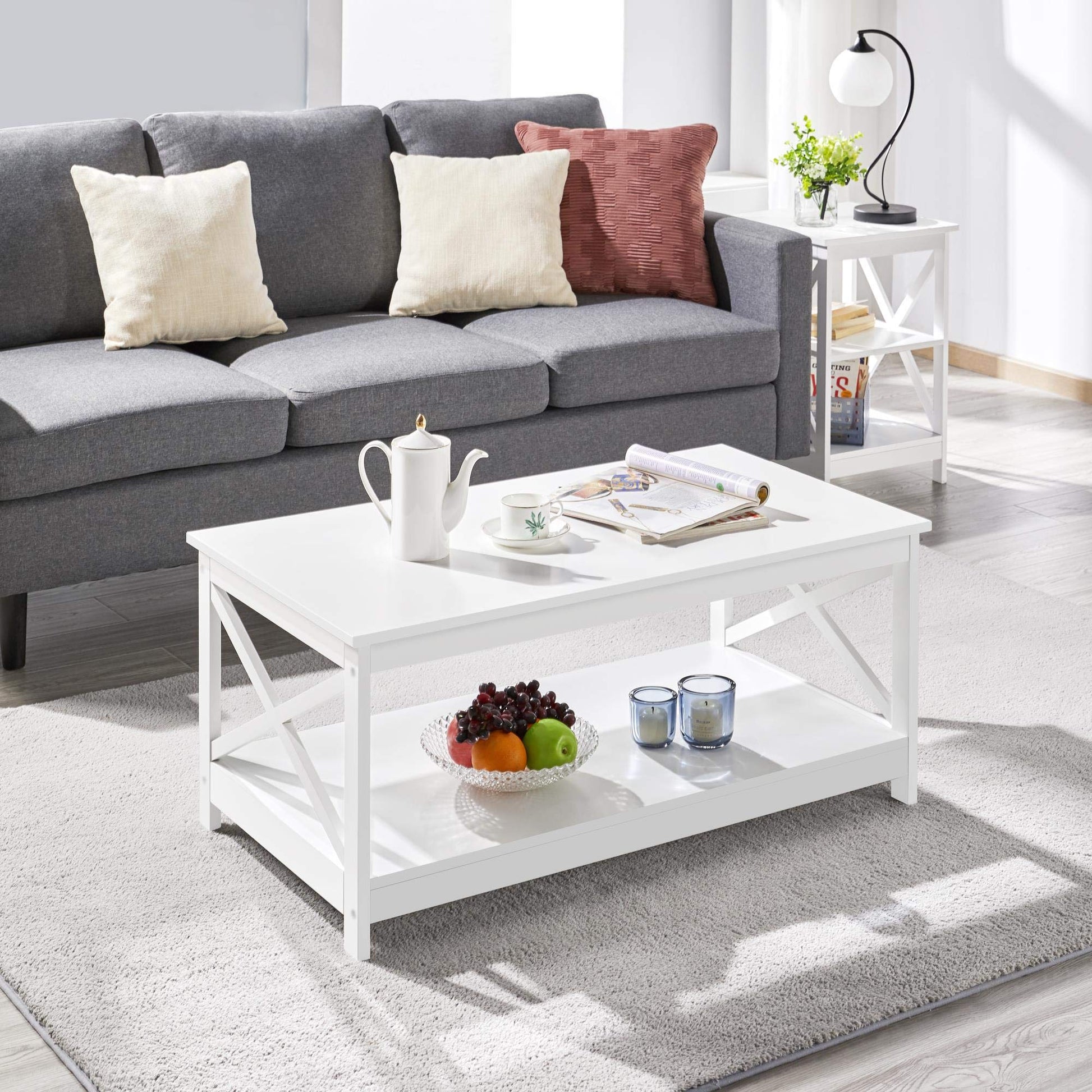 Yaheetech Wood 2-Tier White Coffee Table with Storage Shelf for Living Room, X Design Accent Cocktail Table, Simple Design Home Furniture, 39.5 x 21.5 x 18 Inches - WoodArtSupply