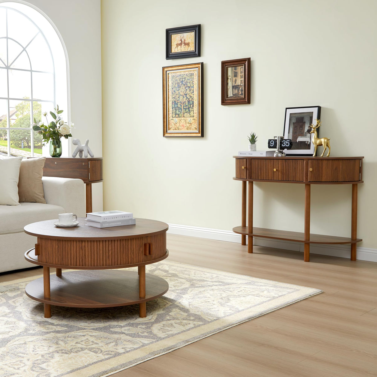 XUZENEST 31.5” Round Coffee Table with Storage, Mid Century Modern 2 Tier Coffee Table with Tambour Sliding Door, Solid Wood Legs Fluted Center Table for Living Room Home Office Small Space, Walnut XUZENEST