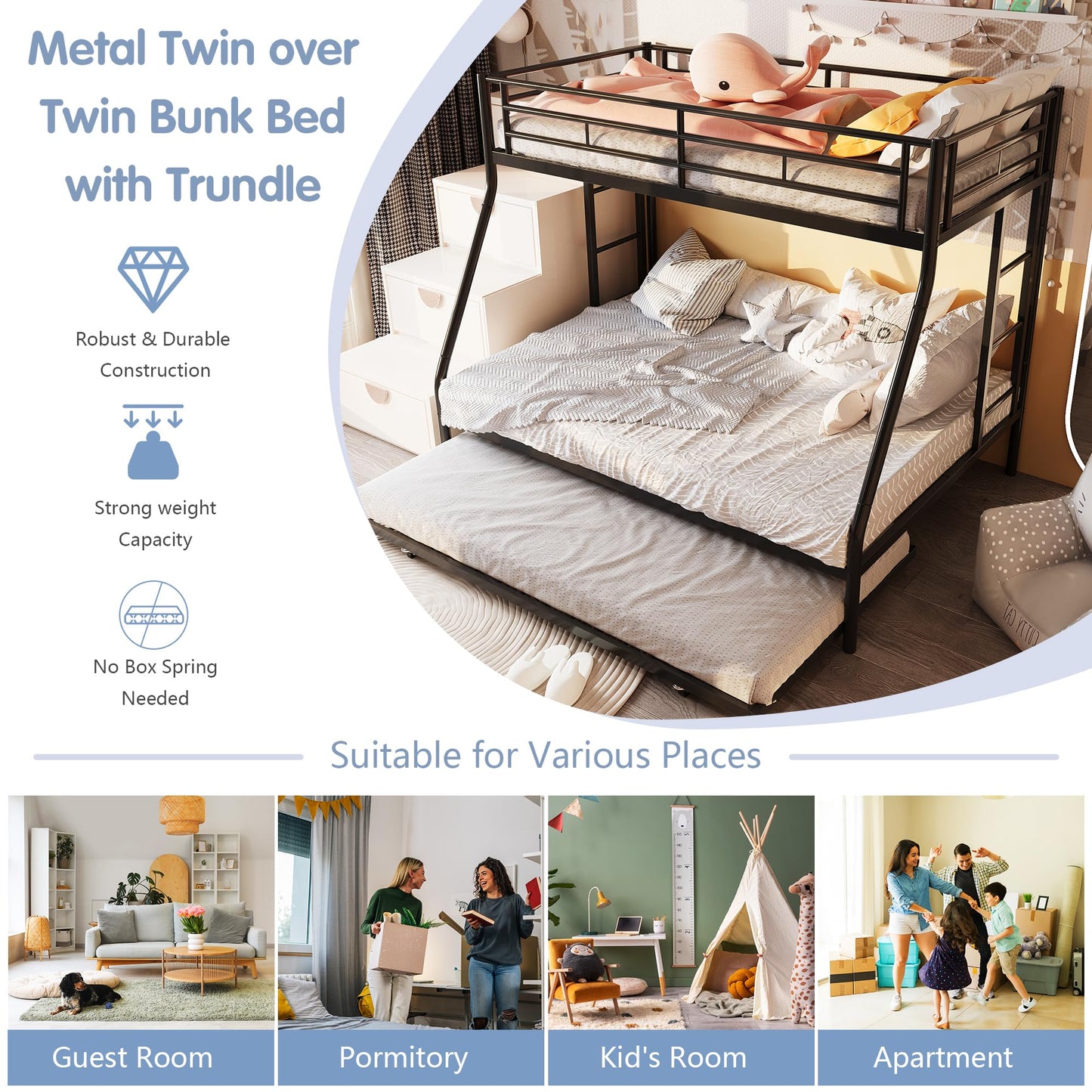 SUNLEI Metal Loft Bed with 2 Secured Ladders, Bunk Bed Twin Over Full with Trundle, Trundle Bed Twin Safety Guard, Space-Saving, Noise Free for Small Bedroom, (Black, Twin Over Full)