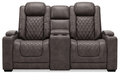 Signature Design by Ashley Hyllmont Power Reclining Loveseat with Center Console, Weathered Gray