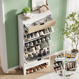 GarveeHome Shoe Cabinet with 3 Flip Doors & 1 Drawer, Entrance Wooden Shoe Rack with Iron Legs, Slim Shoe Storage Cabinet, Modern Fluted Shoe Organizer for Entryway Hallway, White+Oak GarveeHome