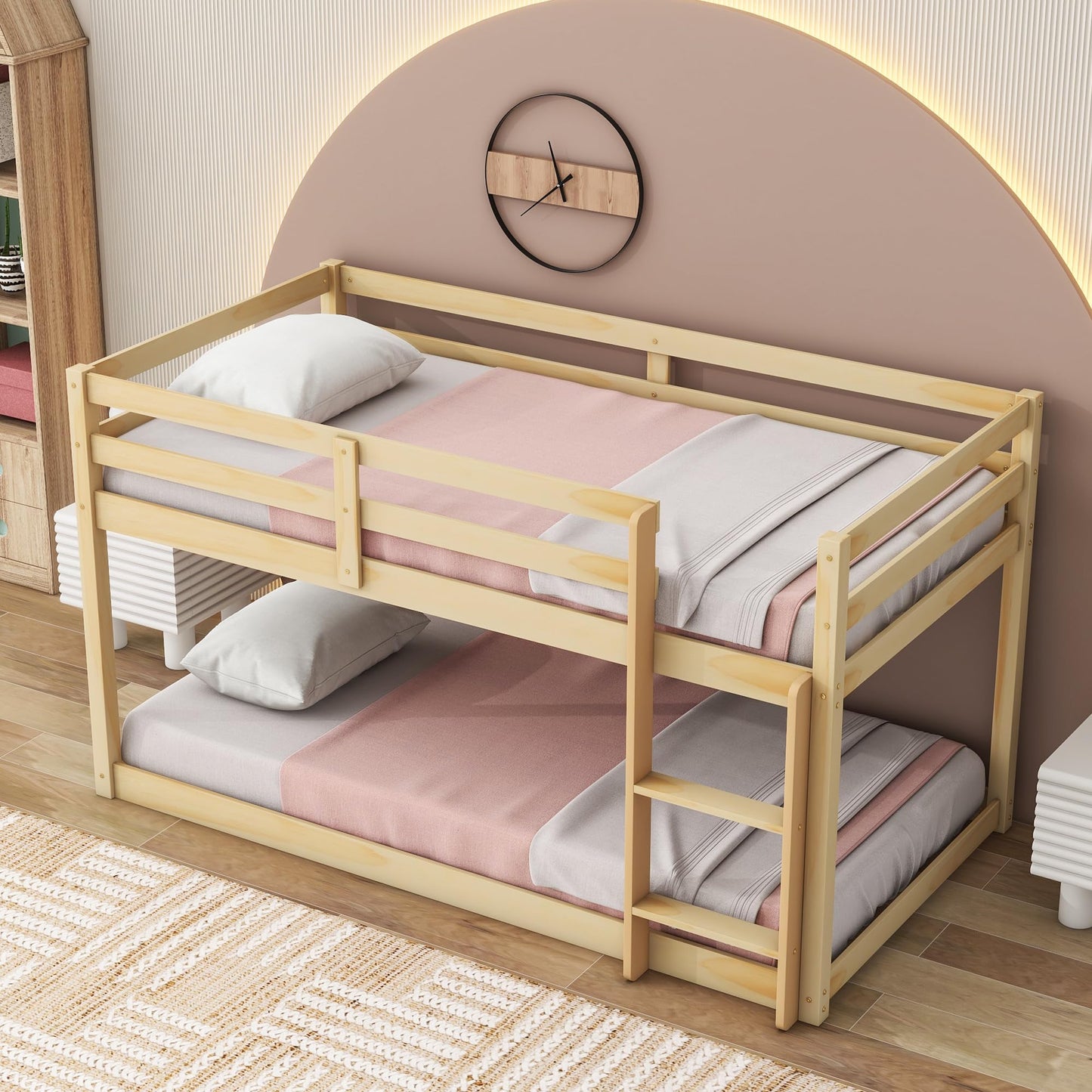 LUKEEHOM Twin Over Twin Low Profile Bunk Bed with Ladder - Ideal for Kids' Rooms - WoodArtSupply