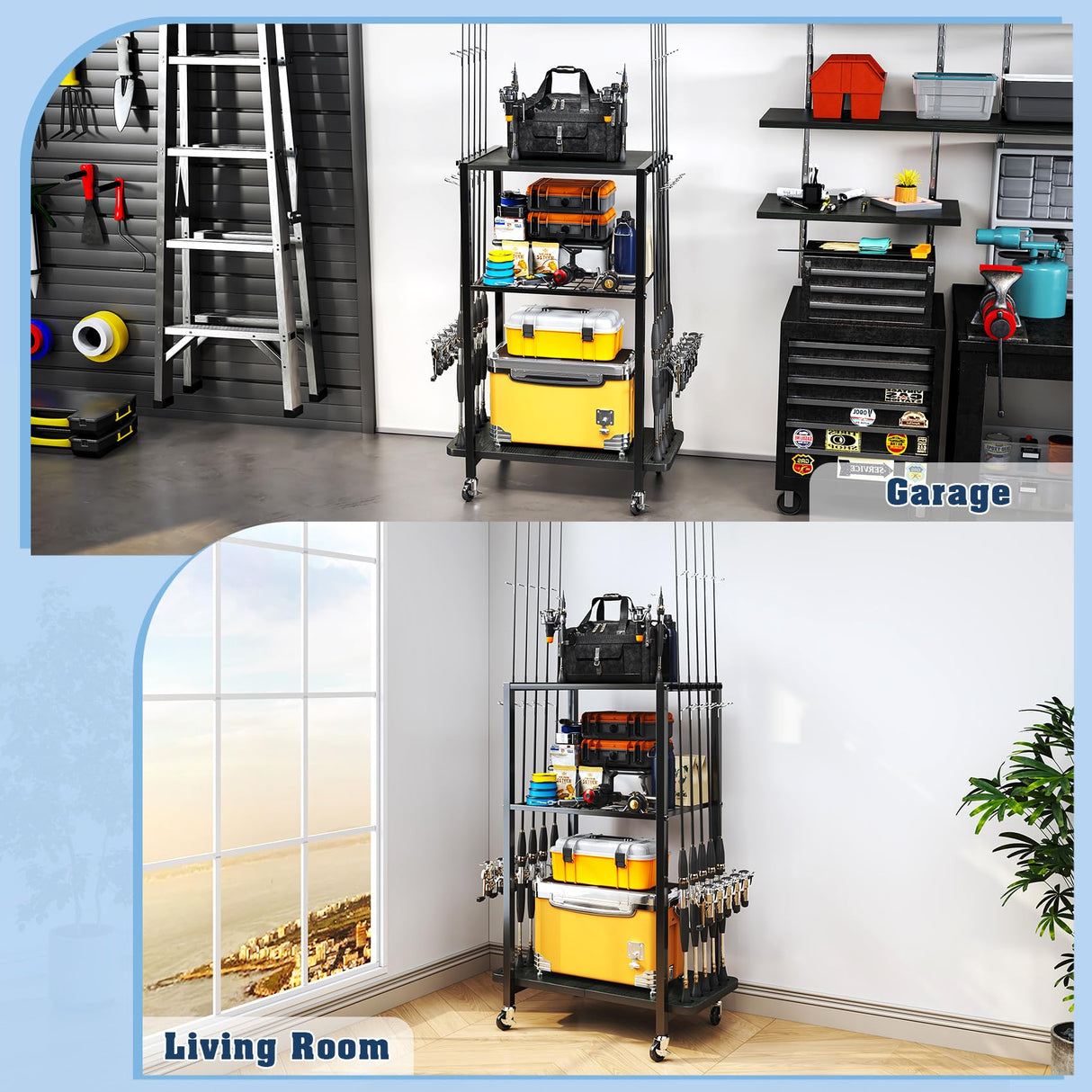 TC-HOMENY Fishing Rod Holder for Garage, Fishing Pole Rack Cart 10 Rod Fit All Fishing Rods, 3 Tier Fishing Tackle Storage Organizer Rack with Storage Bag, Fit For Living Room, Black TC-HOMENY