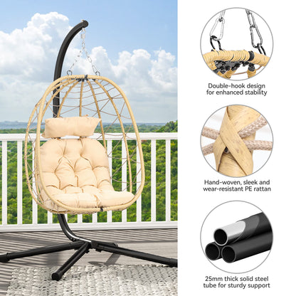 YITAHOME Hanging Egg Chair with Stand Swing Chair Wicker Indoor Outdoor Hammock Egg Chair with Cushions 330lbs for Patio, Bedroom, Garden and Balcony, Single, Beige