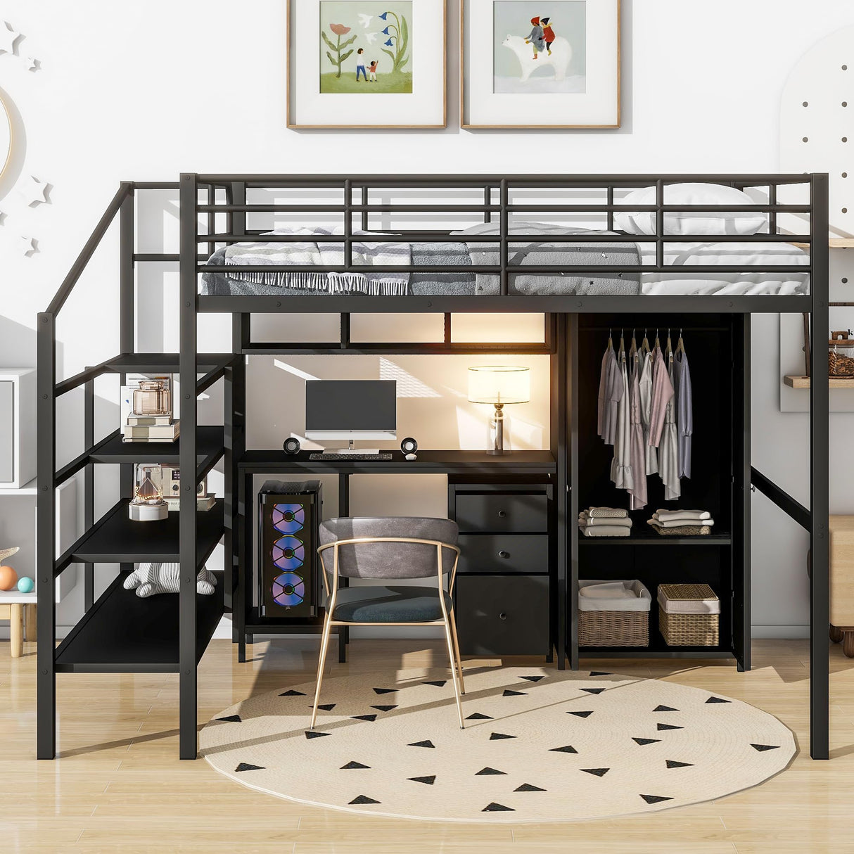 SOFTSEA Industrial Full Size Metal Loft Bed with Desk, Wardrobe, and Stairs for Small Spaces SOFTSEA