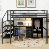 SOFTSEA Industrial Full Size Metal Loft Bed with Desk, Wardrobe, and Stairs for Small Spaces SOFTSEA