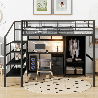 SOFTSEA Industrial Full Size Metal Loft Bed with Desk, Wardrobe, and Stairs for Small Spaces - WoodArtSupply