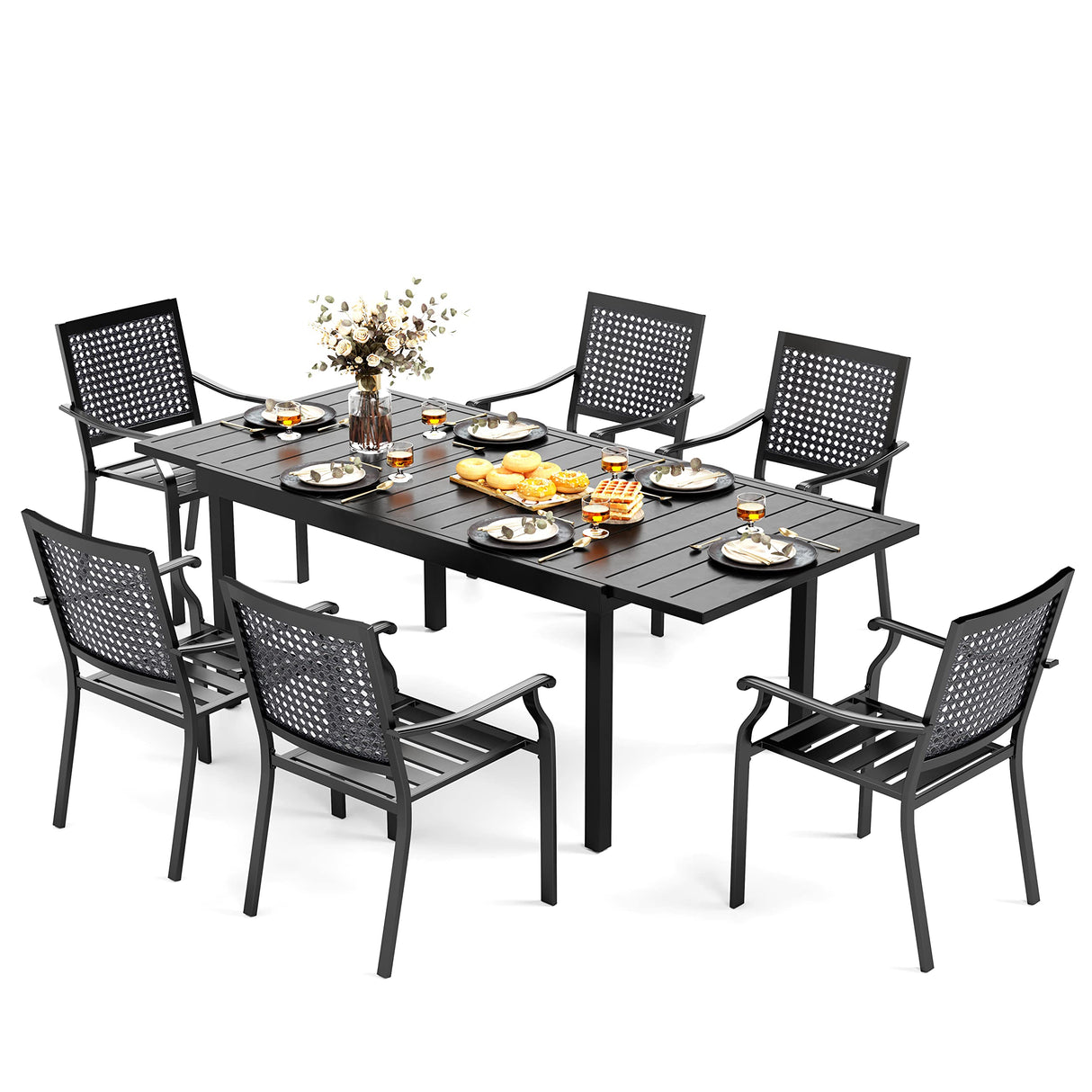 MFSTUDIO Patio Dining Set for 6, Outdoor Dining Set with Expandable Table, 7 Piece Metal Patio Table and Chairs Set, Outdoor Patio Furniture Set for Deck Backyard Poolside Garden MFSTUDIO