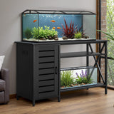 GUNJI 55-75 Gallon Aquarium Stand, Fish Tank Stand with Cabinets and Shelves, Aquarium Tank with Power Outlets, Heavy Duty Metal Turtle Tank 52 inch x 19.68 inch Desktop for 1200LBS Capacity (Black) GUNJI