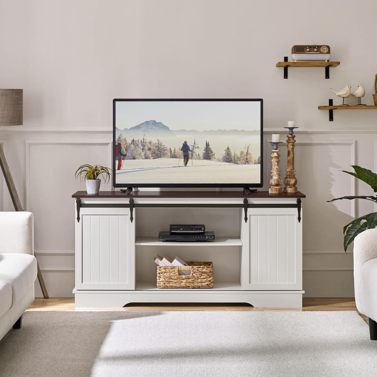 Yaheetech TV Stand for 65 Inch TV, Farmhouse Entertainment Center with Sliding Barn Doors, TV Media Console for Living Room, Bedroom, White & Espresso Yaheetech