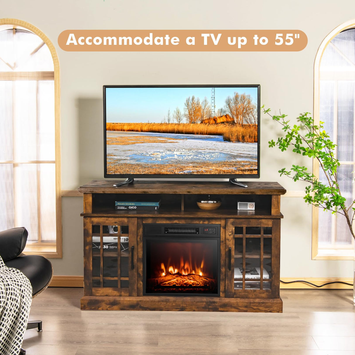 RELAX4LIFE Electric Fireplace TV Stand for TVs up to 55’’, TV Console Table w/18’’ Fireplace Insert Heater, Remote Control, Adjustable Shelves, Wood Media Entertainment Center with Fireplace (Brown) RELAX4LIFE