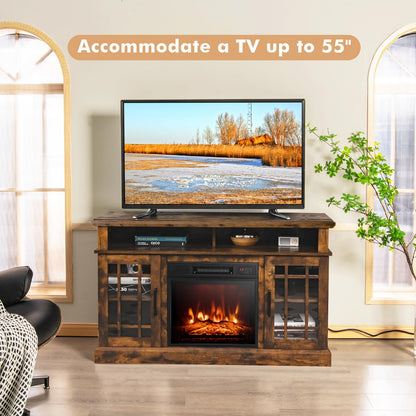 RELAX4LIFE Electric Fireplace TV Stand for TVs up to 55’’, TV Console Table w/18’’ Fireplace Insert Heater, Remote Control, Adjustable Shelves, Wood Media Entertainment Center with Fireplace (Brown)