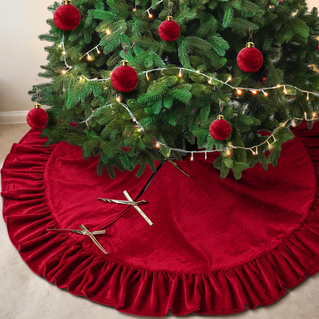 Vertintong 48 inches Velvet Christmas Tree Skirt Red Wine Gold Fur Plush Tree Skirt Luxury Xmas Skirts for Merry Christmas Party Vintage Holiday Decorations(Red with Bow) Vertintong