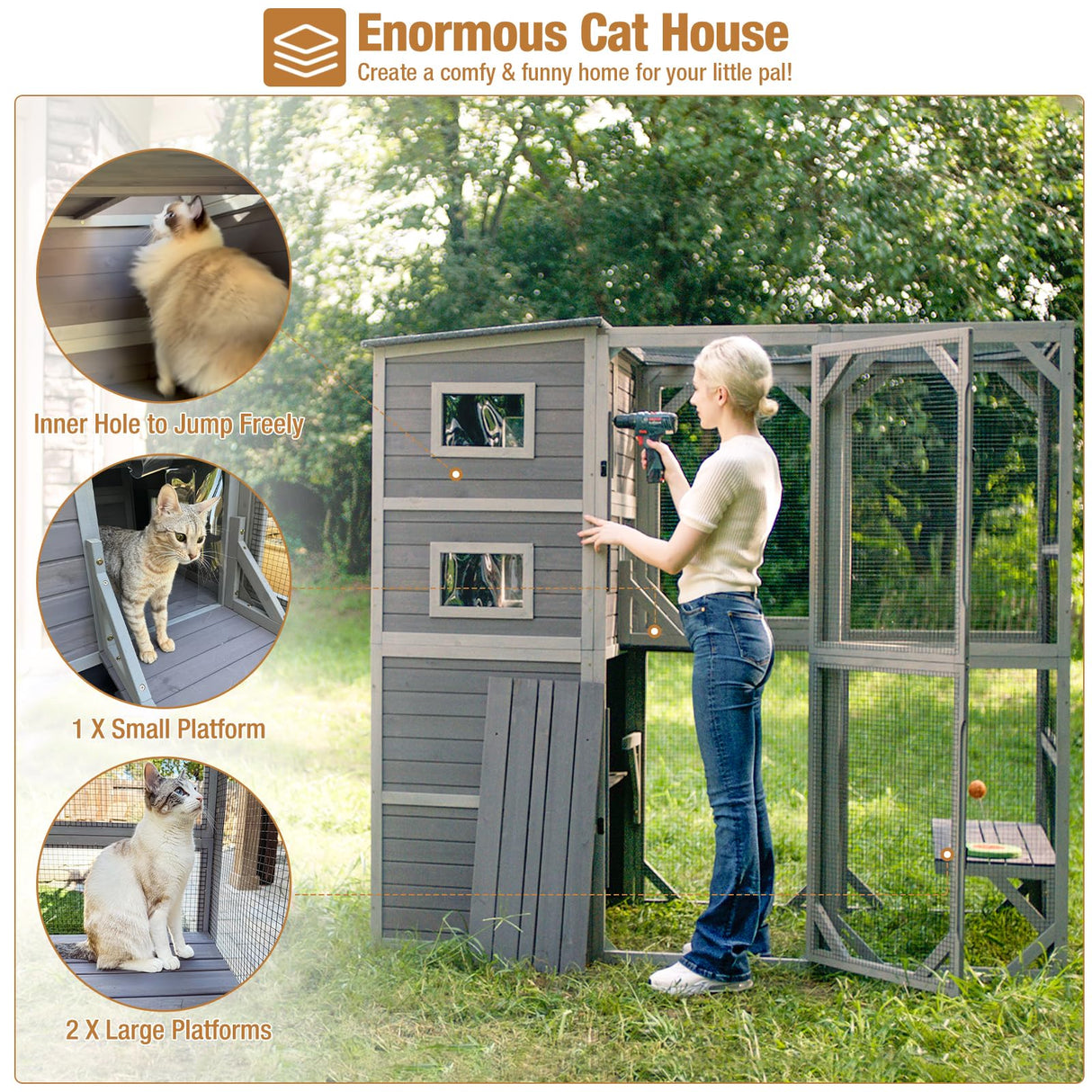 76.8 Inches Large Wood Catio, Catio Outdoor Cat Enclosure Large Walk in Cat Cage with 3 Platforms and 2 Resting Houses Suumerpety