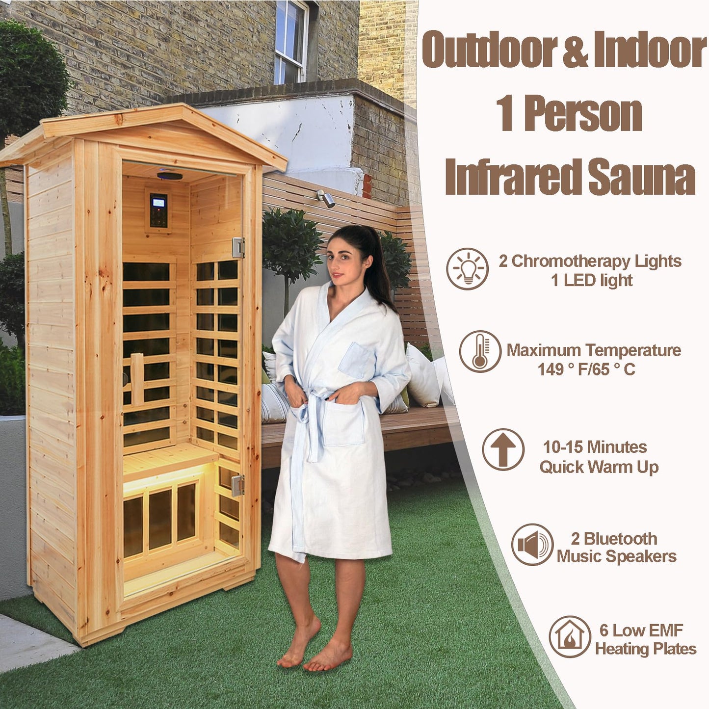 Outdoor Sauna 1 Person, Low EMF Infrared Sauna, Home Sauna, Bluetooth, LCD Control Panel, Chromotherapy and Reading Lights, 1560W (Outdoor Sauna 1 Person/Hemlock)