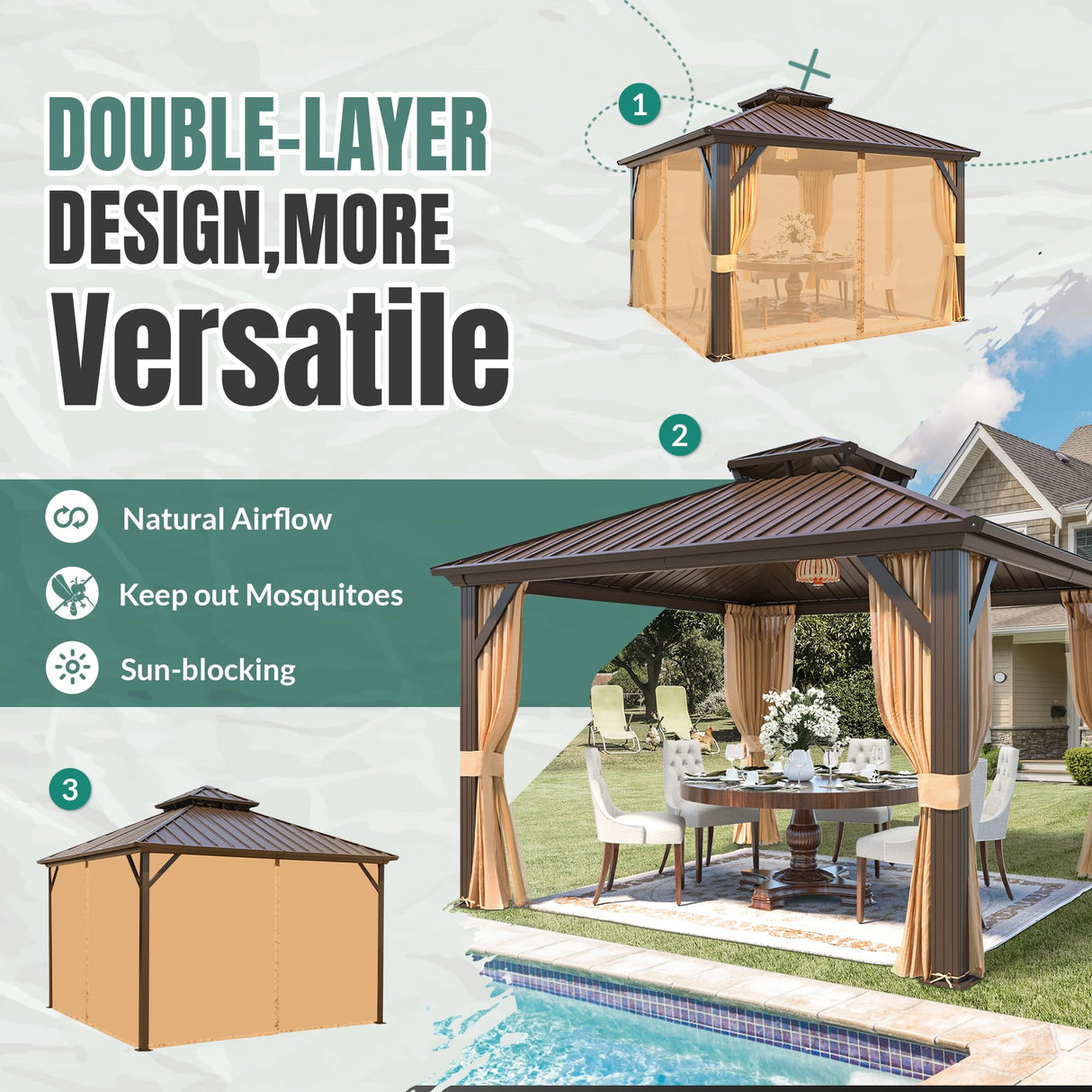 MELLCOM Hardtop Gazebo 10x10, Heavy Duty Galvanized Steel Double Roof with Stylish Vertical Stripes, Nettings and Curtains Included MELLCOM