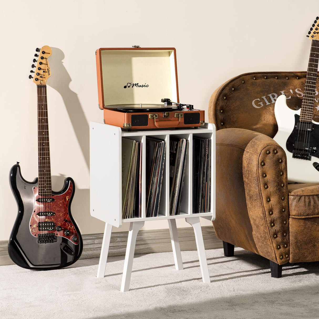 LELELINKY Record Player Stand,Vinyl Record Storage Table with 4 Cabinet Up to 100 Albums,Mid-Century Modern Turntable Stand with Wood Legs,White Vinyl Holder Display Shelf for Bedroom Living Room LELELINKY