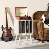 LELELINKY Record Player Stand,Vinyl Record Storage Table with 4 Cabinet Up to 100 Albums,Mid-Century Modern Turntable Stand with Wood Legs,White Vinyl Holder Display Shelf for Bedroom Living Room LELELINKY