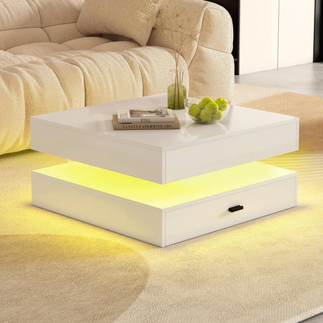 LED Coffee Table for Living Room - 2-Tier Modern High Gloss Square Table with Storage Drawers, 24-Color Adjustable Lights, Contemporary Wood Tea Tables for Home Office & Waiting Room,White Etemnozon