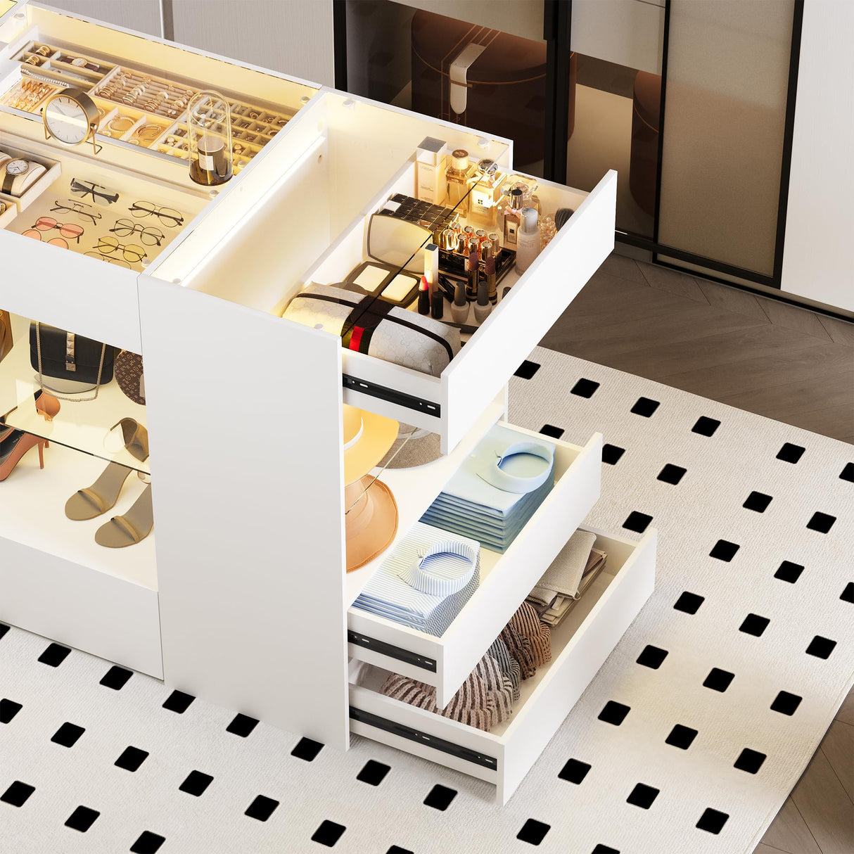 Kikihouse Modern Closet Island with 10 Drawers, LED Wardrobe Armoire Island with Glass Top, Luxury Walk-in Closet Island Storage Cabinet with Display Shelf for Cloakroom, Dressing Room (White) Kikihouse