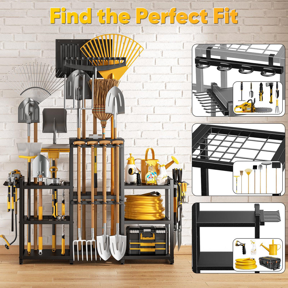 POKIPO 42" H Large Garden Tool Organizer, Holds Up to 86 Tools, Heavy Duty Yard Tool Organizer for Garage, 61“ Wide Lawn Freestanding Tool Storage Rack for Outdoor Shed Tool Rake, Shovel, Brooms POKIPO