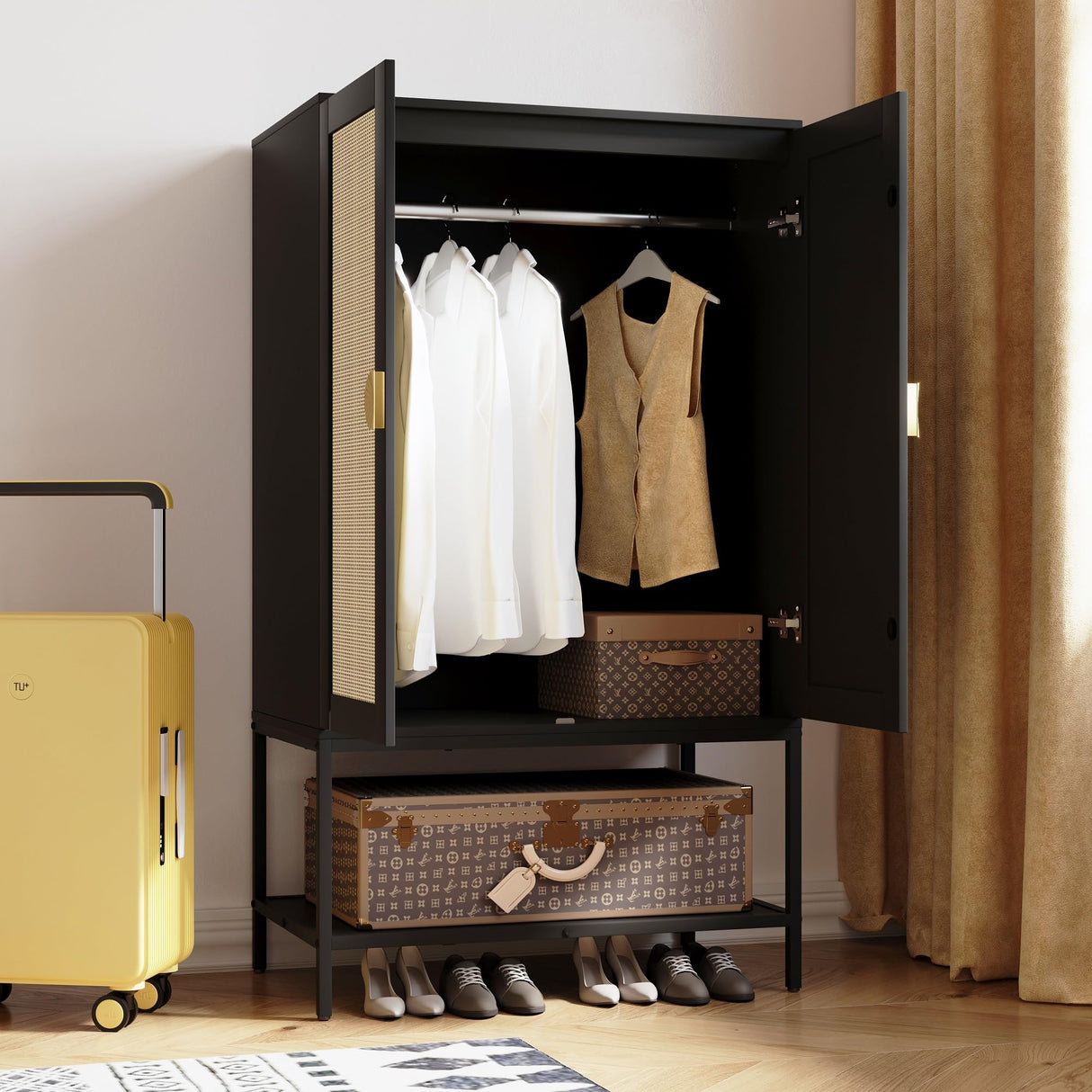 MtuxuYR Bedroom Armoire,Wooden Rattan Armoires Metal Frame with Large Storage Space & Elegant Handle 2 Doors for Bedroom(Black) MtuxuYR