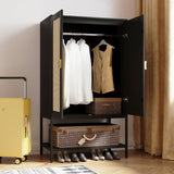 MtuxuYR Bedroom Armoire,Wooden Rattan Armoires Metal Frame with Large Storage Space & Elegant Handle 2 Doors for Bedroom(Black) MtuxuYR