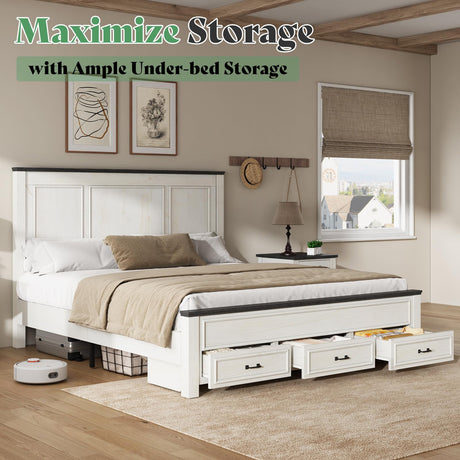 AMERLIFE King Size Bed Frame with 52.2" Tall -Panel Headboard & Footboard, Farmhouse Wood Platform Bed Frame with 3 Large Storage Drawers, Noiseless, No Box Spring Needed, Rustic White AMERLIFE