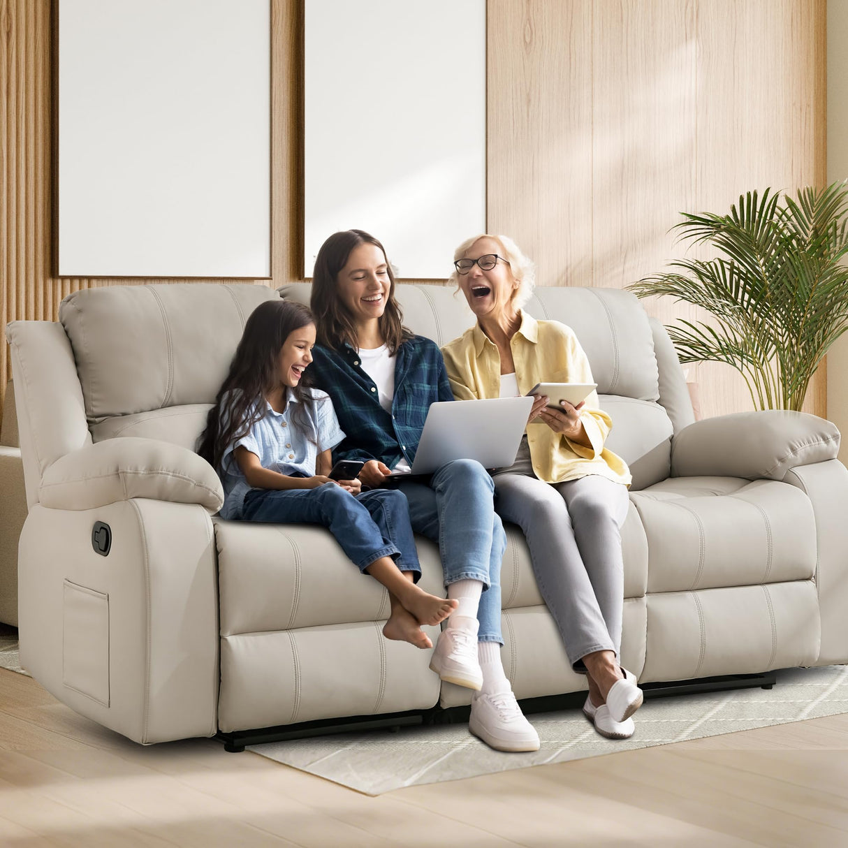 GNMLP2020 Reclining Loveseat Sofa Leather Recliner Sofa 3 Seater Couch for Living Room, Home Theater Seating(3 Seat,Beige) GNMLP2020