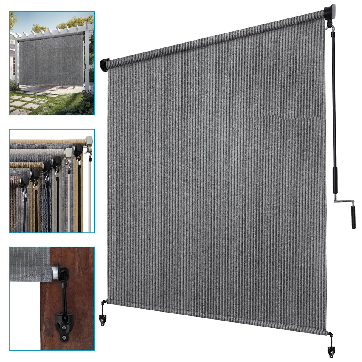 KANAGAWA Outdoor Roller Shade 7'X6' Light Grey Exterior Patio Cordless Roll Up Shade for Pergola, Deck Porch Gazebo, Backyard KANAGAWA
