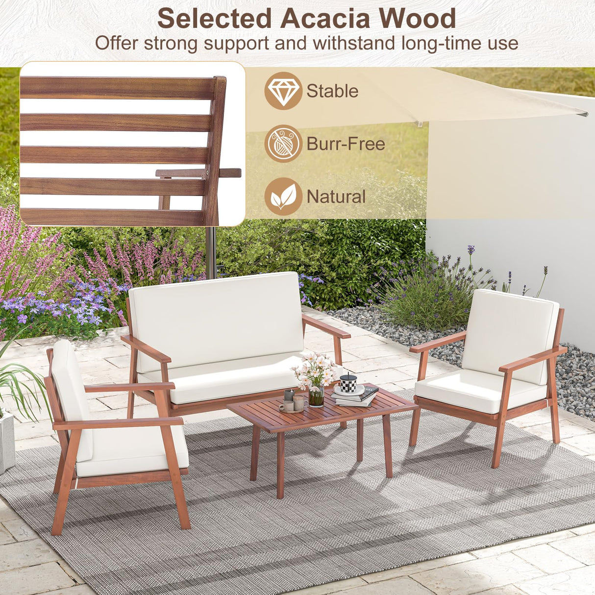 Tangkula 4 Piece Outdoor Conversation Set, Acacia Wood Sofa Set with Soft Seat & Back Cushions, Rectangle Coffee Table Patio Wood Furniture Set for Backyard, Poolside, Garden (1, Off White) Tangkula