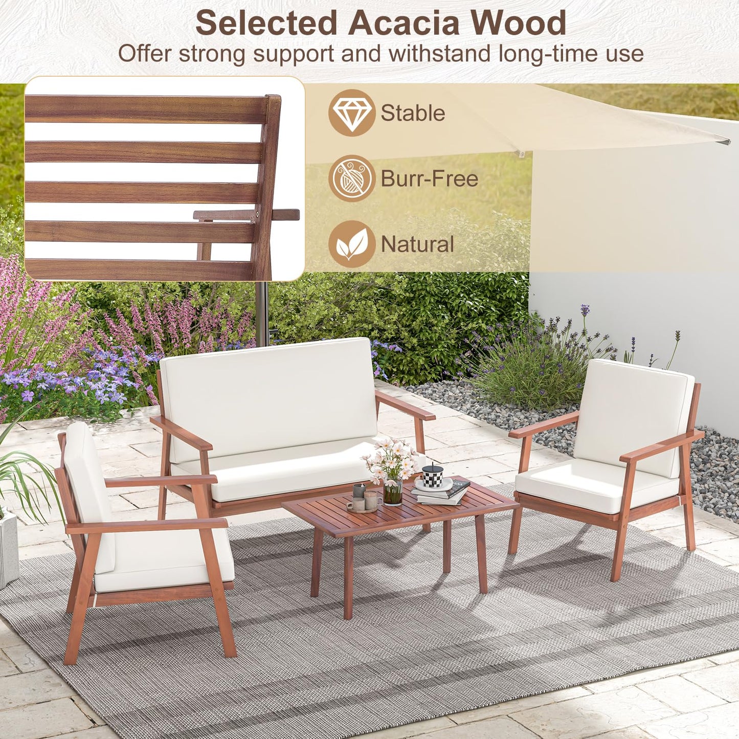 Tangkula 4 Piece Outdoor Conversation Set, Acacia Wood Sofa Set with Soft Seat & Back Cushions, Rectangle Coffee Table Patio Wood Furniture Set for Backyard, Poolside, Garden (1, Off White) - WoodArtSupply