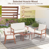 Tangkula 4 Piece Outdoor Conversation Set, Acacia Wood Sofa Set with Soft Seat & Back Cushions, Rectangle Coffee Table Patio Wood Furniture Set for Backyard, Poolside, Garden (1, Off White) Tangkula
