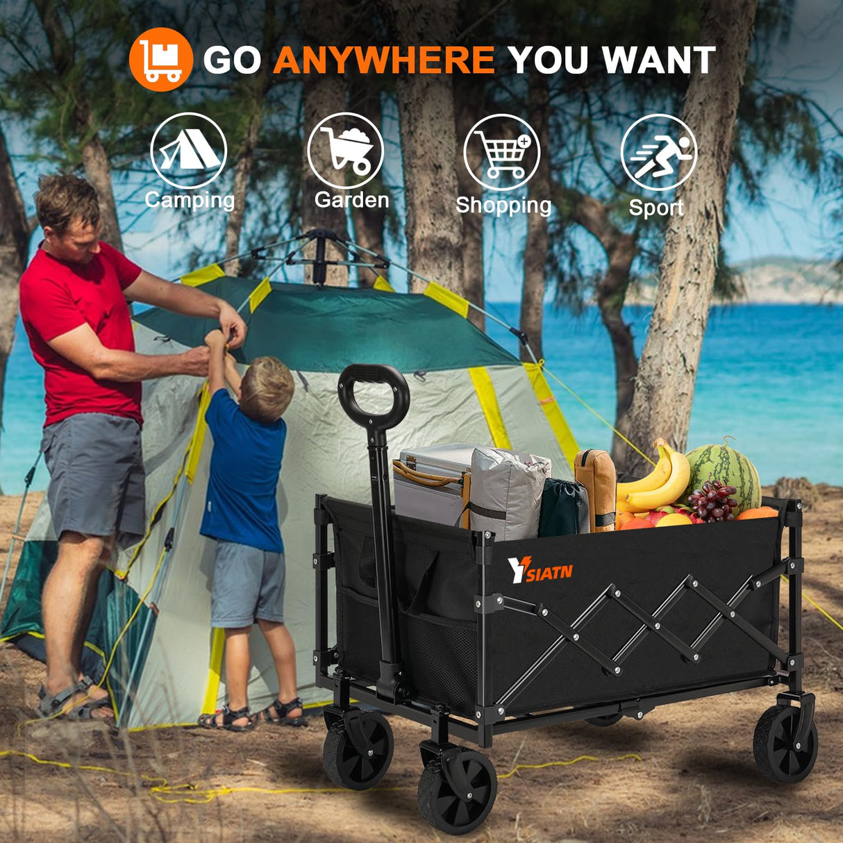 Collapsible Wagon Cart Foldable with 350lbs Weight Capacity, Lightweight Utility Shopping Cart with Wheels, Folding Grocery Wagon Cart Portable for Beach Garden Sports and Camping, Black YSIATN
