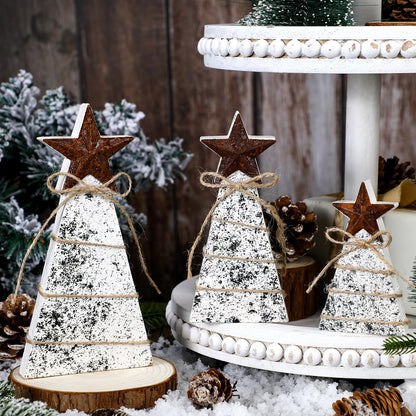 Bucherry 3 Pcs Wooden Christmas Tree Tabletop Decoration Christmas Trees Table Centerpieces Rustic Tiered Tray Decor with Iron Star Hemp Rope for Table Home Decor Xmas Holiday Sign