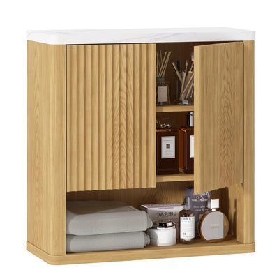 HOMEFORT Bathroom Wall Cabinet, Medicine Cabinets, Over The Toilet Storage Cabinet with 2 Doors, Adjustable Shelf and Faux Marble Top, Natural Oak