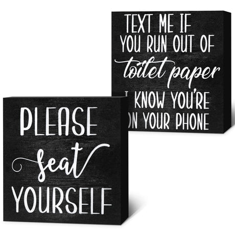 Jetec 2 Pieces Farmhouse Bathroom Signs Decor Wooden Box Sign Funny Bathroom Wall Art Rustic Bathroom Wood Plaque Please Seat Yourself Bathroom Decor for Home Bathroom Restroom(Black) Jetec