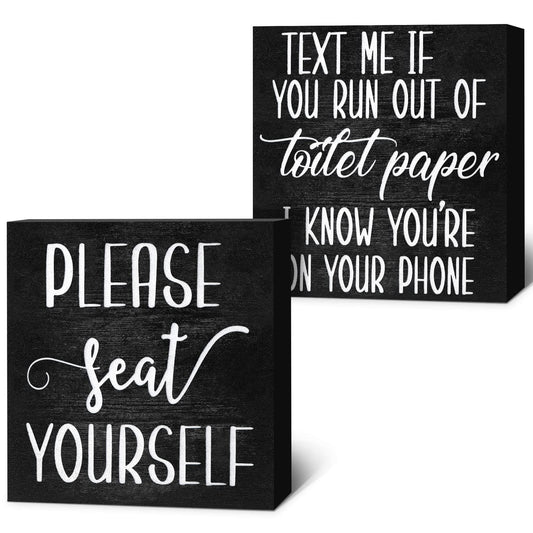 Jetec 2 Pieces Farmhouse Bathroom Signs Decor Wooden Box Sign Funny Bathroom Wall Art Rustic Bathroom Wood Plaque Please Seat Yourself Bathroom Decor for Home Bathroom Restroom(Black)