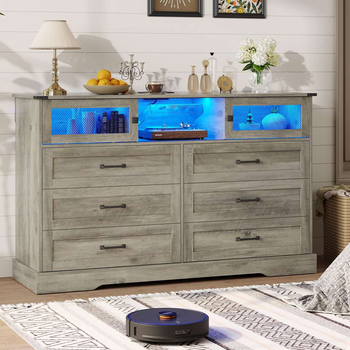 DICTAC Farmhouse 6 Drawers Dresser with Charging Station, LED Dresser with 2 Sliding Doors, Wood Wide Chest of Drawers, Storage Dressers Organizer for Bedroom, Living Room, Rustic Oak DICTAC