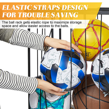 Garage Ball Storage Wall-Mounted & Floor Sports Equipment Organizer: Sports Ball Rack with Elastic Rope, Holder for Basketball, Soccer, Volleyball, Football, Garage, Gym, Black(Patent Pending) Hencawima