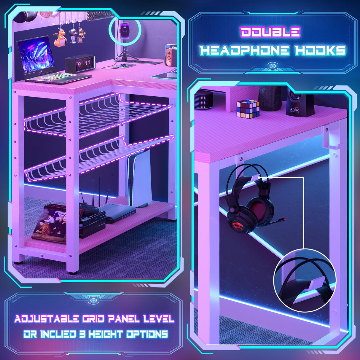 Homieasy Small Gaming Desk with Power Outlets Pegboard LED Light, 43 Inch L Shaped Computer Desk with Monitor Stand Storage Shelves, Reversible Corner Desk with Headset Hooks, Carbon Pink Homieasy