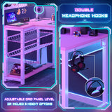 Homieasy Small Gaming Desk with Power Outlets Pegboard LED Light, 43 Inch L Shaped Computer Desk with Monitor Stand Storage Shelves, Reversible Corner Desk with Headset Hooks, Carbon Pink Homieasy
